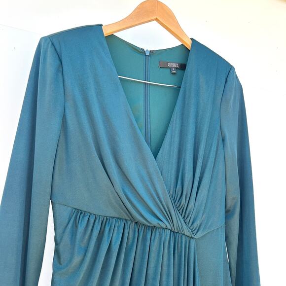 Badgley Mischka Slinky Satin Draped Midi Wrap Cocktail Dress Emerald Green 8 - Picture 6 of 12